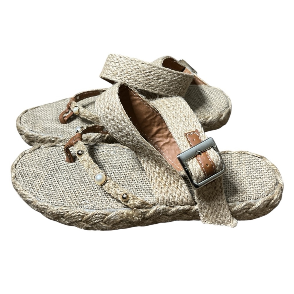 Beige Woven Espadrille Sandals with Buckle Strap